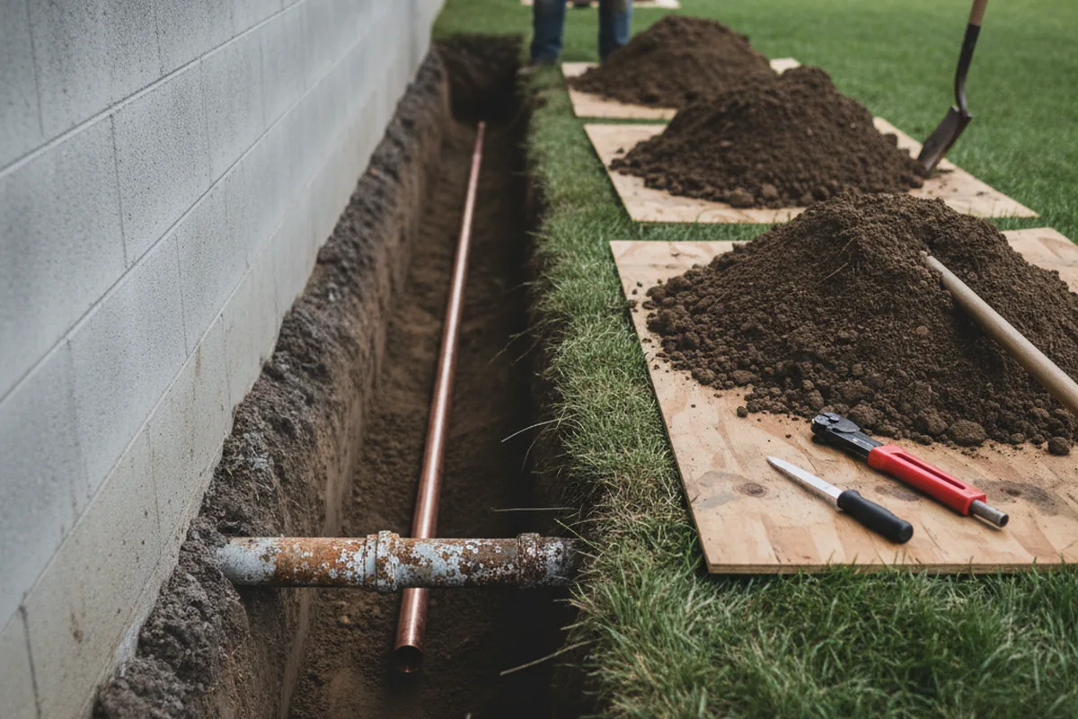 Excavated water line trench during Water Softener Installation in Kelso
